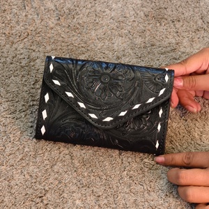 Florals Carved Hand Tooled On 100% Genuine Leather ATM Card Holder Case Square Credit Card Holder Case Cute <b>Small</b> Mini Card Case - Product Image 1