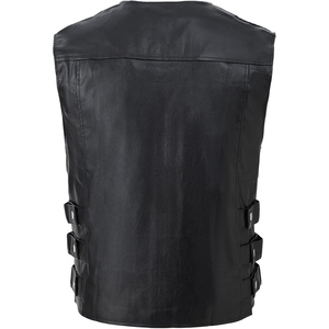 Custom <b>Men's</b> Genuine Cowhide Leather Motorcycle Club <b>Vest</b> Collarless Round Neck Biker Riding <b>Vest</b> with Side Buckles OEM - Product Image 2