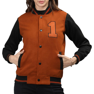 <b>Women's</b> Varsity <b>Jacket</b> Orange <b>Black</b> Full Sleeve Button Front Letter 1 Design Autumn Style Regular Length - Product Image 2