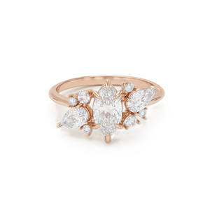 Bague de fiançailles de luxe en or massif 14K 18K avec diamants de laboratoire en forme de poire marquise et de grappe ronde, bijou de mariage élégant - Product Image 2