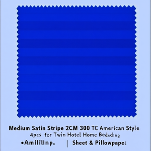 Medium Satin <b>Stripe</b> 2CM 300 TC American Style Fitted Bed Sheet <b>Set</b> 4pcs for Twin Hotel Home <b>Bedding</b> - Product Image 3
