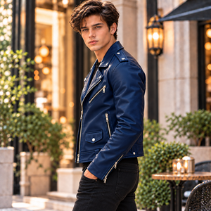 Herren Echtleder Motorradjacke Bikerjacke Slim Fit Moto-Jacke mit Reißverschluss Mehrere Taschen - Product Image 5