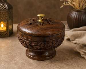Luxury Wooden Mabkhara <b>Oud</b> Burner with Floral Carving Brass Bowl Ramadan Eid Home Decoration <b>Bakhoor</b> for Gifting - Product Image 1
