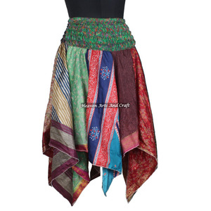 DS014 Urban Tribal Dance Assorted <b>Skirt</b> <b>Boho</b> Silk Layered Smocked <b>Skirt</b> Dress Handmade Silk Midi Dress Festival Silk Flowly - Product Image 1