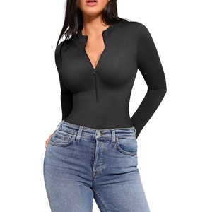 Sexy One-piece Zip Front <b>Bodysuit</b> Knee-Length Long Sleeve Stretch Bottom Anti-Bacterial Anti-Wrinkle Spandex/Nylon Yoga Sports - Product Image 4