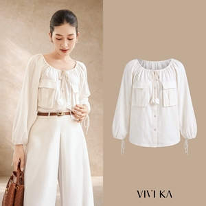 เสื้อผู้หญิง คอผ้ายืดหยุ่น ผ้าลินิน แขนยาว มีกระเป๋าหน้าผ้าแบบมีฝาปิด ผูกโบว์ ผูกเชือก สีงาช้าง เสื้อลำลอง SUSIE - Product Image 1