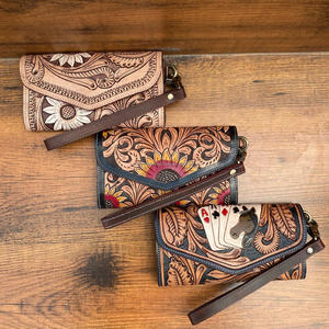 Women's Large Capacity Wallet Hand <b>Tooled</b> <b>Leather</b> Sunflower Design Ladies Multipurpose Clutch Genuine <b>Leather</b> Wristlet Wallets - Product Image 4