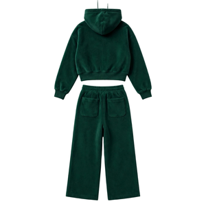 Ensemble deux pièces en polaire vert pour femme, veste courte zippée à capuche et pantalon large, tenue décontractée, survêtement d'hiver, écologique - Product Image 2