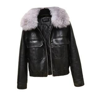 เสื้อโค้ทกันหนาวคอตั้งหนังแท้สำหรับผู้หญิง, เสื้อแจ็คเก็ตสั้นสีดำหนาสีขาวสำหรับฤดูใบไม้ร่วง - Product Image 1