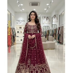 Collection SSUMAIRA Spécial Aïd : Robe longue Anarkali de luxe brodée bordeaux, style pakistanais, pour fêtes et mariages, avec Zari lourd - Product Image 1
