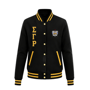 เสื้อแจ็คเก็ตบอมเบอร์ผ้าซาติน Sigma Gamma Rho สำหรับผู้หญิง น้ำหนักเบา ซิปหน้า แขนจั๊มพ์  ชุดเครื่องแบบชมรมกรีก รับผลิตตามสั่ง ขายส่ง - Product Image 1