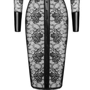 Robe moulante mi-longue noire en dentelle à manches longues, col montant, motif floral, doublure en maille transparente, boutonnée sur le devant, ajustée, pour soirée - Product Image 2