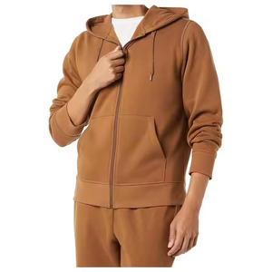 Sudadera con capucha de forro polar marrón para hombre al por mayor, con cremallera completa, cordón ajustable, estilo casual, color liso - Product Image 3
