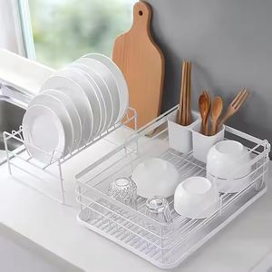 Égouttoir à vaisselle en métal blanc à 2 niveaux avec porte-couverts, organisateur de rangement pour vaisselle et bols de cuisine, 43x32x27,5 cm - Product Image 3