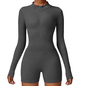 Women's Seamless Ribbed Zipper Long Sleeves Butt Lift Fitness Were High Quality One Piece <b>Bodysuit</b> - Product Image 5