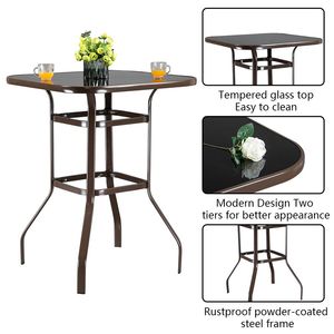 Tavolo alto da patio in ferro battuto con piano in vetro marrone - Product Image 3