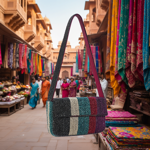 Bolso de Mano Artesanal Indio de Lujo, Informal, para Uso Diario, con Cuentas de Vidrio Coloridas y Asa de Baguette, Duradero, Arte Tradicional - Product Image 2