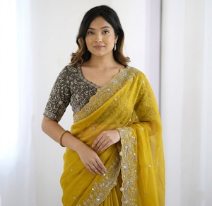AARA Fashion Sari en soie jaune brodé avec chemisier vert olive, tenue de mariage indienne traditionnelle pour femme, longueur au sol, coupe classique, Sun - Product Image 3