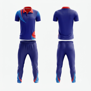 Uniforme de Cricket Personalizado, Popular, Informal, Azul y Rojo, 100% Poliéster y Algodón, Duradero, Ecológico, Camiseta Polo de Manga Corta, Pantalones Deportivos - Product Image 1