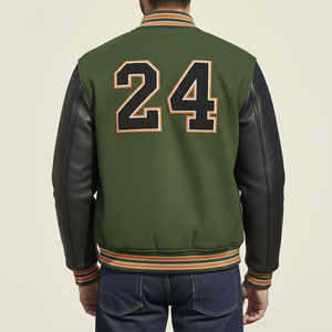 Chaqueta Varsity Verde para Hombre con Parche de Letra B Bordada, Mangas de Cuero, Estilo Preppy, Cuello Camisero, Corte Regular, para Otoño - Product Image 2