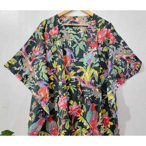 Robe maxi en coton doux de style indien ECH-320 Ethinic Craft Hub, manches courtes, imprimé floral, kaftan pour femmes, taille XL - Product Image 3