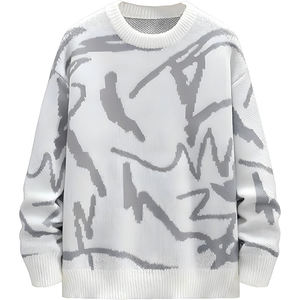 Suéter de Cuello Redondo para Hombre, Color Blanco con Patrón Abstracto Gris, Manga Larga, Tejido Transpirable a Máquina - Product Image 1