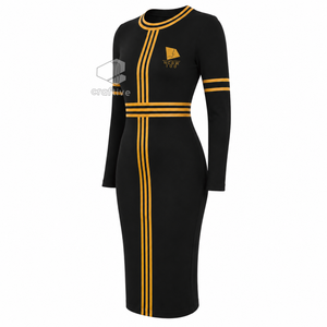 NCBW Women's <b>Black</b> <b>Long</b> <b>Sleeve</b> <b>Bodycon</b> Midi <b>Dress</b> With Golden Stripe Accents Crew Neck Plus Size Slim Fit Casual <b>Dress</b> - Product Image 3