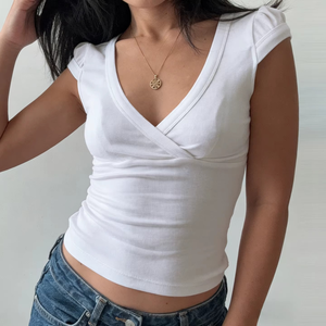 Camisetas de Cuello en V para Mujer, Manga Corta, Corte Regular, Tops Casuales de Color Sólido, Tejido Elástico, Transpirable, de Poliéster, Secado Rápido para Verano - Product Image 5