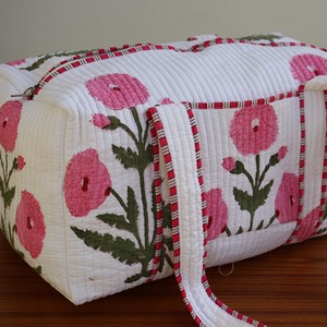 Handmade Cotton Quilted Duffle <b>Bag</b> Pink Floral Pattern <b>Large</b> Capacity Weekender Travel <b>Bag</b> - Product Image 2