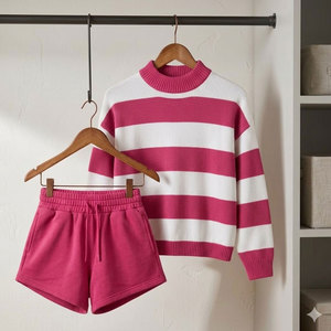 Ensemble pull et short deux pièces pour femme, rayé, col montant, tricot ample, vêtements d'automne décontractés, ensemble pull tricoté bicolore pour femme - Product Image 1