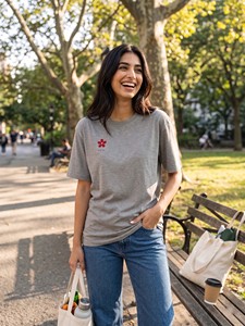 Gray Drop Shoulder women's shirt Short Sleeve T-Shirt Custom Flower Embroidery Loose Fit Casual Everyday Wear 100% Cotton Knit - Product Image 4