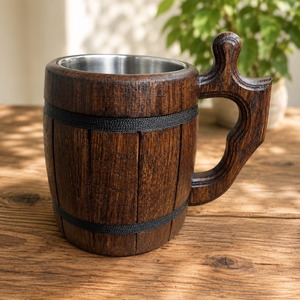 Mug à bière fait main, mug à café, tasse en bois et acier inoxydable, écologique, naturel, litres, onces, baril, marron - Product Image 4