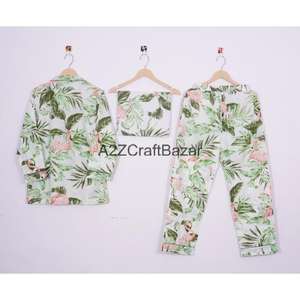 Ensemble de pyjama pour femmes imprimé floral de luxe fait à la main, 100% coton, taille élastique, manches longues, vêtements de nuit d'été, doux et respirant - Product Image 4