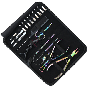 Premium Rainbow Hair Extension Tool kit with 7inch Flat Bead Crimper Microlink Removal Pliers <b>Hook</b> Loop Set Sectioning <b>Clips</b> - Product Image 1