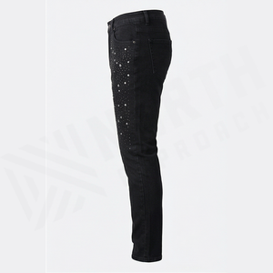 Jean en denim noir slim à taille haute pour homme avec motif à pois pailletés, style décontracté d'automne, coupe droite, en coton - Product Image 3