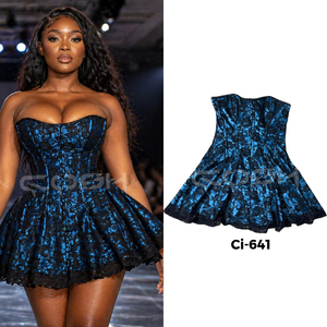 Vestido Corsé Gótico de Satén Azul Medianoche para Mujer |   Minivestido bustier sin tirantes de satén con superposición de encaje - Product Image 5