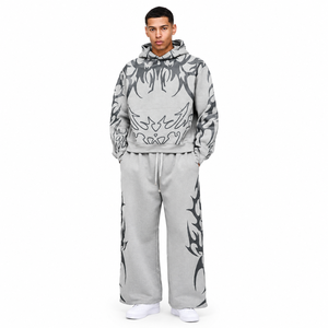 <b>Men</b>’s <b>Grey</b> Tribal Print <b>Hoodie</b> Tracksuit Set with Oversized Sweatpants and Streetwear Style - Product Image 1
