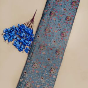 Luxury Natural Dola Jacquard Woven Fabric Royal Elephant Peacock <b>Tree</b> Motifs Antique Teal Blue Designer Apparel - Product Image 2