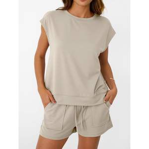 2025 Women's Summer Crew Neck Two-Piece Short Set Cap Sleeve Drawstring Sweatsuit with Pocket Daily Print Woven Fabric <b>Top</b> - Product Image 1