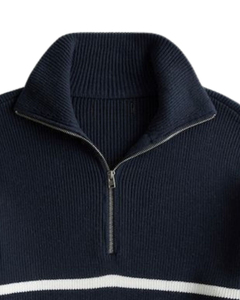 <b>Men's</b> Navy Striped Quarter Zip <b>Sweater</b> Lantern Sleeve Knitted Pullover Turn-down Collar Winter Wear Anti-Pilling 100% Cotton - Product Image 2