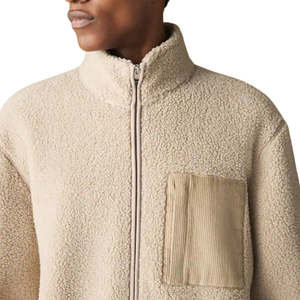 Ecru Neutral Borg Full Zip Up <b>Fleece</b> Jacket Soft <b>Sherpa</b> Pile Warm Casual Outdoor Layer with Corduroy Chest Pocket for <b>Men</b> Winter - Product Image 3