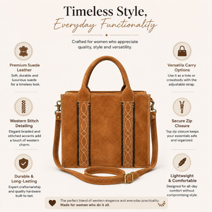 Western Genuine Suede Leather Top Handle <b>Bag</b> with Embroidered Stitch Detail Detachable Shoulder Strap Women's Fashion Handbag - Product Image 5