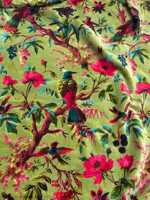 Tissu en velours de coton imprimé à la main, vert olive, motif floral et oiseaux, tissu de luxe en velours de coton imprimé pour ameublement
