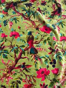 Tissu en velours de coton imprimé à la main, vert olive, motif floral et oiseaux, tissu de luxe en velours de coton imprimé pour ameublement - Product Image 4