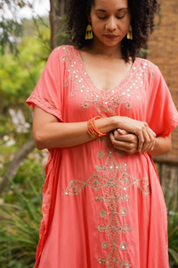 Coral Embroidered Organza Floral Print Breathable V-neck <b>Kaftan</b> Dress Boho <b>Beach</b> Cover up Loose Fit Resort Wear Summer Maxi - Product Image 3