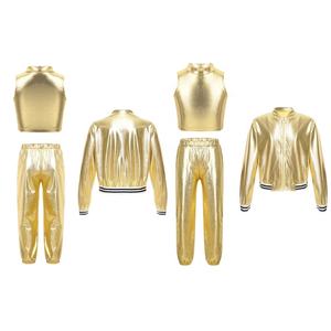 6-16 Kids Girls Dancing Outfits Latin Dancewear <b>Metallic</b> Dance Outfit Crop <b>Top</b> Pants Jacket Outerwear Workout Hip-Hop Jazz Dance - Product Image 3
