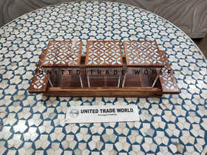 Bandeja de madera de acacia con incrustaciones de madreperla, producto de United Trade World, con caja acrílica, tapa de madera para cosméticos, tarros de dulces - Product Image 3