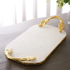 Luxury White Marble Serving Tray with Gold Leaf Handles Single Tier Multifunction Jewelry Storage & <b>Coffee</b> <b>Table</b> Organizer - Product Image 3