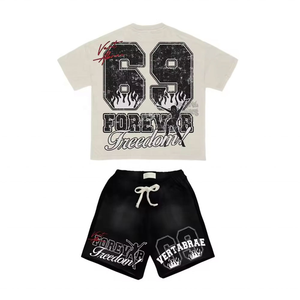 Custom Logo 100% Cotton Summer Vintage Acid Wash Two Piece <b>Set</b> Short Sleeve Raw Hem Men's Tank Top & Shorts - Product Image 4