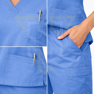 Women's Blue <b>Scrub</b> <b>Set</b> With Drawstring Pants Hospital Uniforms Woven Cotton Polyester Material - Product Image 5